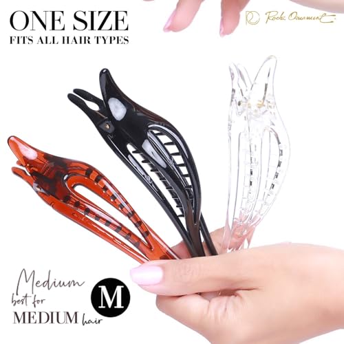 RC ROCHE 6 Pcs Flat French Claw Hair Clips For Women Thick Curly Hair Barrettes Duckbill Concord Side Slide Extra Hold Curved Eyelet Strong Hold Grip, Medium Clear Brown and Black - color: Black,Brown,Clear
