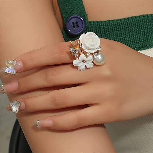 CZ Rose Flower Wedding Ring for Women Statement Engagement Round Rhinstone Crystal Aryclic Daisy Plumeria Adjustable Open Wrap Finger Rings Comfort Fit Cocktail Party Valentine Jewelry - color: White