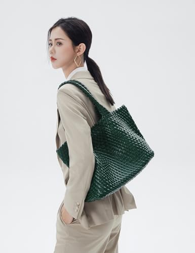 Handmade Woven Tote Bag for Women, Soft Vegan Leather Shoulder Bag with Purse, Large Travel Handbag - color: Dark Green