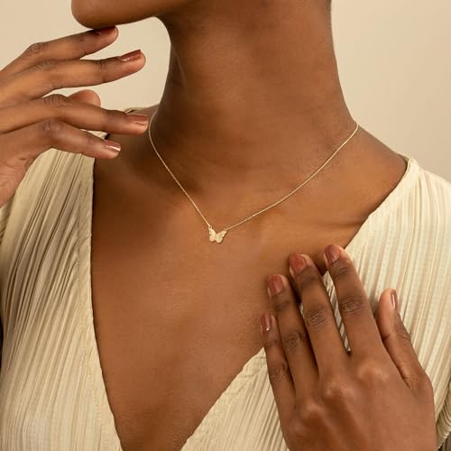 VRIUA Gold Necklace for Women - 14K Gold Plated Dainty Italian Horn Star of David Butterfly Bow Sun Lotus Volleyball Baseball Cowboy Boots Necklace Jewelry Everyday for Women - style: Butterfly