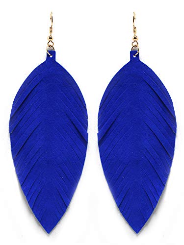 Large Genuine Soft Leather Handmade Fringe Feather Lightweight Tear Drop Dangle Color Earrings for Women Girls Fashion - color: Blue