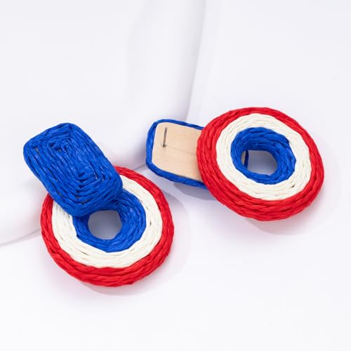 Statement Raffia Earrings Cute Boho Earrings Rattan Dangle Earrings Handmade Straw Wrap Earrings Summer Drop Dangling Earrings for Women Teen Girls - color: White/Red/Blue