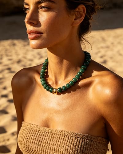 Chunky Beaded Statement Necklace for Women Trendy Colorful Boho Resin Bead Choker Necklaces Summer Handmade Jewelry Gifts Accessories - color: Gold-green 1