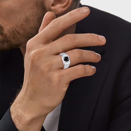 Yaresul 8 * 8mm 2.85CT 925 Sterling Silver Mens Gemstone Ring Princess Cut Created Black Onyx|Sapphire|Emerald|Ruby Mens Wedding Band Engagement Ring Pave CZ W/AAA Size 6-13 - color: Created Onyx