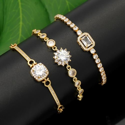 Tennis Bracelet for Women Cubic Zirconia Bracelets Adjustable Slider Bracelets - color: Gold 03