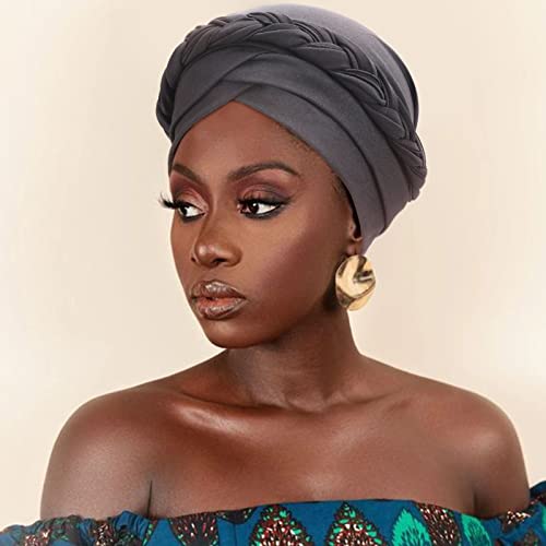 DRESHOW Turban Pre-Tied Twisted Hat Thread African Head Wraps for Black Women Chemo Cancer Cap Braid Hair Cover - color: 1 Pc Twisted Braid: Gray