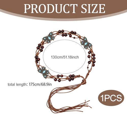 Boho Flower Wooden Bead Waist Belt, Vintage Woven Body Chain, Adjustable Cord Jewelry for Jeans Dress & Beach Wear - color: Blue2