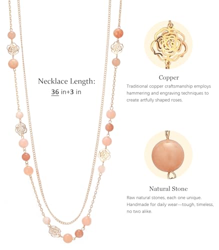 FULU AUTUMN Boho Gold Long Necklaces for Women Natural Stone Beaded Layered Long Necklace Mothers Day Gifts Dainty Flower Costume Jewelry for Women - color: Pink