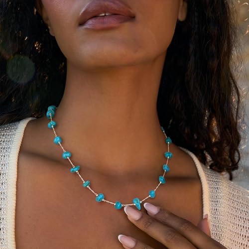 Created Turquoise Necklace for Women 14K Gold Plated Beaded Heart Choker Boho Necklaces Handmade Beach Summer Everyday Western Jewelry Gifts - color: Silver Chain, style: Irregular