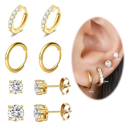 Gold Hoop Earrings Set: Dainty Stud Earrings 14K Gold Plated Earrings for Women Trendy Hypoallergenic Gold Stud Earrings 3-4mm Cubic Zirconia Cartilage Piercing Gold Jewelry for Women Gifts - color: Gold-Set-3/4/8/10mm