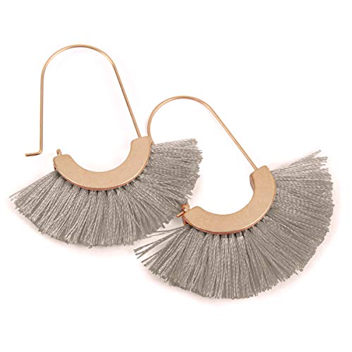 Bohemian Silky Thread Tassel Strand Fringe Statement Hoop Earrings - Lightweight Semi Circle Fan Threader, Mermaid Hoops - color: Fan Tassel Threader - Gray