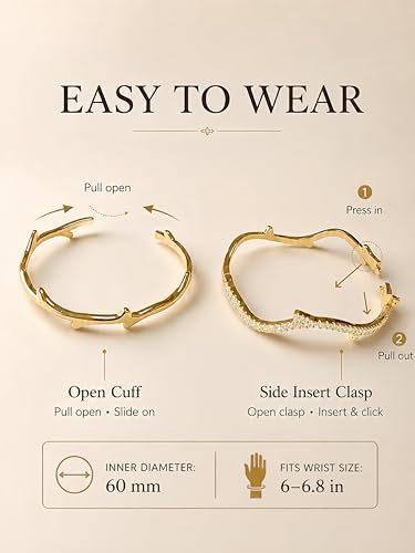 Gold Cuff Bracelets for Women, 14K Gold Plated Open Cuff Bangle Bracelet with CZ Pave, Minimalist Stackable Chunky Gold Bracelet for Women - color: Gold CZ Clasp 2-Piece