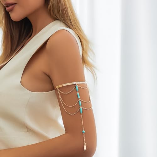 Punk Long Chain Tassel Arm Cuff Boho Turquoise Stone Pendant Arm Bangle Bracelet Vintage Arrow Armlet Open Adjustable Upper Armband Beach Wedding Arm Jewelry for Women - color: Turquoise