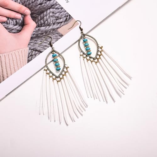 Long Bohemian Fringe Leather Earrrings Handmade Tassel Earrings with Turquoise Christmas Long Dangle Earrings for Women rodeo jewelry - color: 7