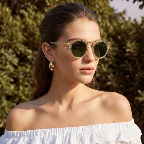 CARFIA Double Bridge Small Acetate Sunglasses for Women Polarized, Retro Metal Brow Ladies Sunnies Fashion Round Eyewears - color: 1. Clear Yellow Frame Green Lens