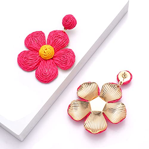 Rattan Earrings for Women Statement Boho Raffia Straw Wrapped Flower Drop Dangle Earrings Summer Tropical Beach Jewelry - color: Hot Pink