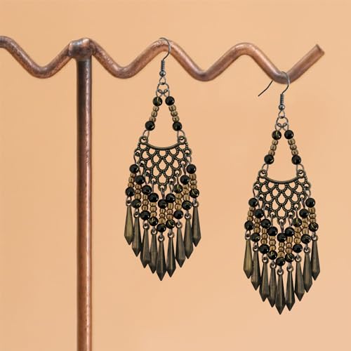 Handmade Vintage Bronze Bohemian Long Tassel Colorful Bead Dangle Drop Earrings Big Tribal Chandelier Geometry Hook Earrings for Women Statement Jewelry Gifts - color: Black