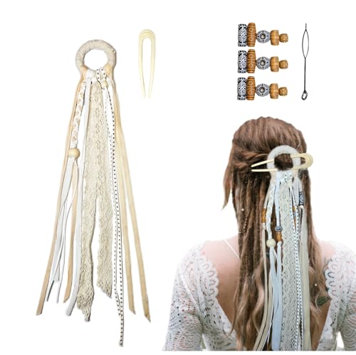 Handmade Boho Dreadlock Hair Accessories: Ties, Clips, Barrettes, Braiding Beads, Pins, Extensions, Tassels, Ponytail Holders for Women (White) - color: White