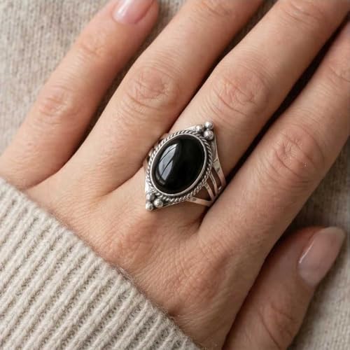 Handmade 925 Sterling Silver Plated Ring Natural Gemstone Carnelian, Rose Quartz, Tiger Eye, Crystal Oval Boho Jewelry For Women - color: Black Onyx
