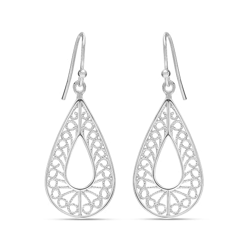LeCalla Sterling Silver Dangle Earrings for Women | 925 Sterling Silver Long Interlocked Handmade Textured Drop Earring for Women - color: Classic Filigree Drop