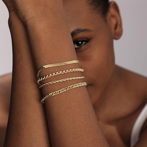 VIROMY Gold Bracelet Sets for Women 14K Gold Plated Stackable Dainty Chain Women’s Bracelet Layered Link Bracelet Set Gold Jewelry for Women - style: 4Layered Cuba-GD
