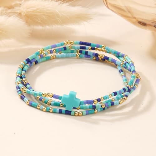 Gold Colorful Beaded Cross Bracelet Stack Set for Women,Handmade Bohemian Seed Beads Stacked Bracelets Fashion Holiday Jewelry Gift - color: Blue