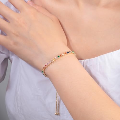 CiNily Adjustable Tennis Bracelets for Women Teen Girls Rainbow Cubic Zirconia Bracelet 14K White Gold Plated Hypoallergenic Slider Bracelet Jewelry Gift - color: Adjustable-Round Yellow Gold