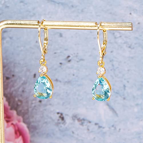 CiNily Teardrop Leverback Dangle Earrings for Women Hypoallergenic 14K Gold Plated Cubic Zircon Drop Earrings Fashion Crystal Earrings for Girls Jewelry Christmas Gifts - color: Gold-Blue CZ