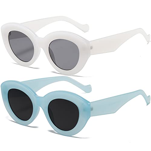 AIEYEZO Oversized Cat Eye Sunglasses for Women Cute Oval Thick Frame Cateye Sun Glasses Chic Retro Style Shades - color: 2 Set (Candy White + Blue)