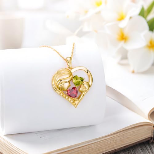 Mothers Day Gifts 14K Yellow Gold Mother Daughter Heart Pendant Necklace with 12 Months Birthstone Birthday Gifts for Mom Anniversarry Jewelry for Mom Wife Girlfriend - color: 01-08-Jan-Aug Birthstone