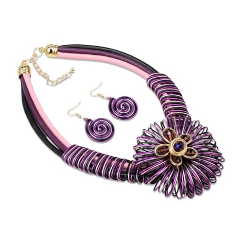 Ethnic Crystal Rhinestone Pendant Necklace Earrings Set Women Handmade Tribal Collar Choker Chunky Metal Bib Rope Chain African Statement Jewelry Set - color: NXR1418-purple