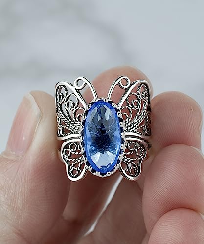 Filigranist Sterling Silver Filigree Art Butterfly Women Cocktail Ring with Gemstones - color: Blue Quartz
