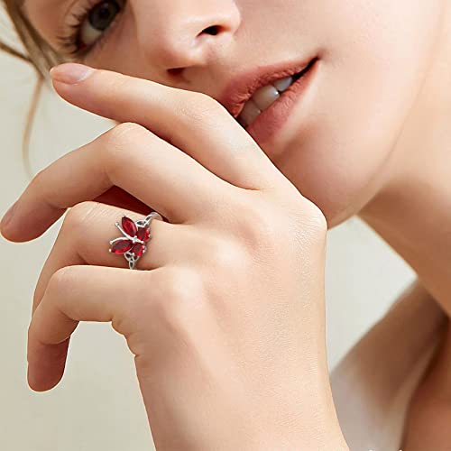 Bestyle 925 Sterling Silver Butterfly Ring Hypoallergnic Adjustable Birthstone Rings for Women Butterfly Jewelry Gifts for Anniversary Mothers' Day Birthday - color: 01.January (Garnet)-Ring