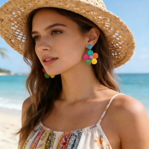 Rattan Earrings for Women Statement Boho Raffia Straw Wrapped Flower Drop Dangle Earrings Summer Tropical Beach Jewelry - color: Colorful