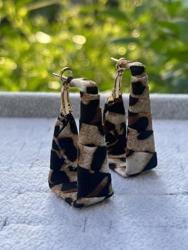 Chunky Leopard Leather Earrings Bohemia Camouflage Leather Dangle Earrings Chunky Rectangle Black White Zebra Print Earring Handmade Vintage Faux Leathers Statement Earring Boho Style Jewelry - color: Black+Brown