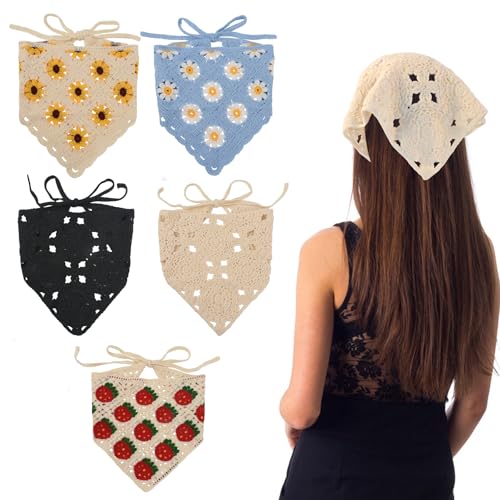 Crochet Bandanas for Women, Knitted Headscarf Hair Bandanas for Women Kerchief Styling Decor, 5Pcs