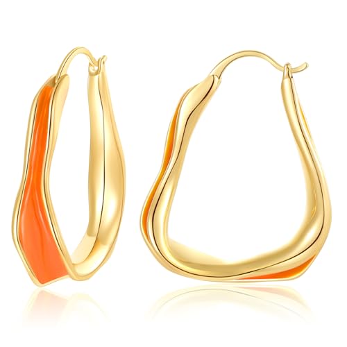 Chunky Hoop Earrings for Women Thick Minimalist Geometric Huggie Hoop Earrings Dainty Thick Y2K Preppy Earrings - style: irregular wave orange