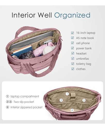 Tote Bag for Women with Zipper, Quilted Puffer Tote Bag with Compartments, Lightweight Puffy Work Bags for Women Travel - color: Mauve Pink