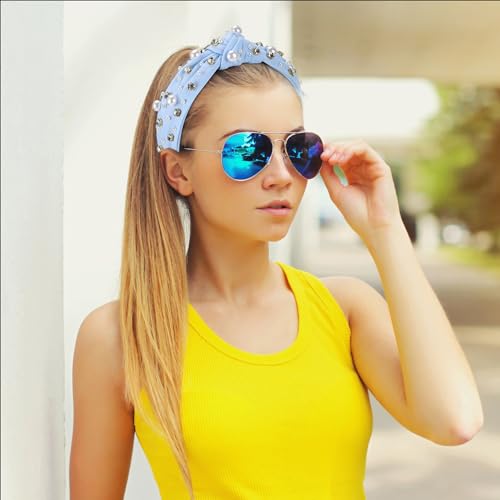 WantGor Pearl Knotted Headband, Women Rhinestone Embellished Hairband Elegant Wide Top Knot Bride Headbands Headpieces Party Fashion Elegant Ladies Hair Band Hair Hoop Accessories (Light Blue) - color: Light Blue