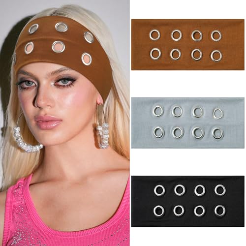 AWAYTR Women Hollow Out Eyelet Elastic Headband Y2K Wide Grommet Hairband Punk Grunge Wide Band for Girls (Black/Coffee/Gray, One size) - color: Black/Coffee/Gray