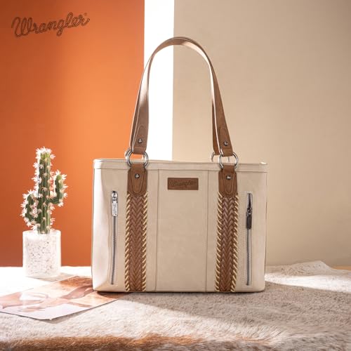 Wrangler Multi Pockets Tote Bag for Women Western Braided Shoulder Bag with Large Capacity for Everyday - color: Rtero-beige