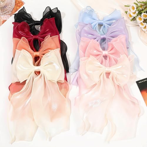 Large Hair Bow Clips for Women,White Pink Bow Hair Barrettes with Long Tail French Hair Ribbon Clips Hair Accessories for Girls (White,Light Pink) - color: White,Light Pink