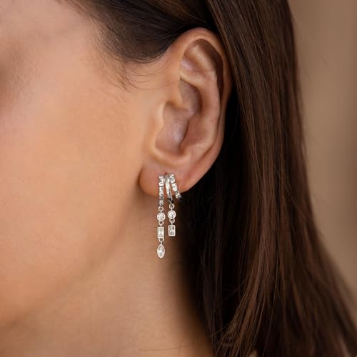 Dangle Earrings For Women, Dainty Gold Drop Statement Earrings 14K Gold Plated Long Huggie Earrings for Women Trendy Hypoallergenic Dangly Earrings Small Triple Hoops Earrings Fashion Jewelry - color: silver-dangle