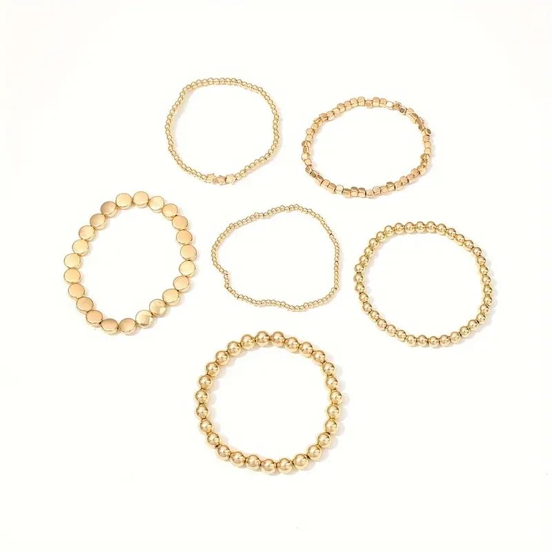 6Pcs Beaded Anklets for Women Elastic Stretch Ankle Bracelets Set Gold Silver Tone Boho Star Disc Charm Foot Jewelry Beach Gift - color: Gold