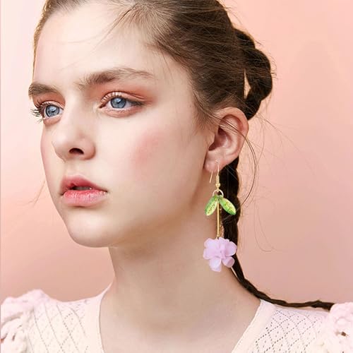 Resin Flower Cluster Ball Dangle Drop Earrings for Women Spring Summer Bohemian Floral Petal with Green Leaf Earrings Vacation Party Jewelry - color: Pink