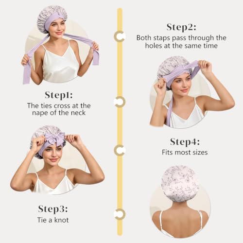 ZIMASILK 100% Mulberry Silk Bonnet for Sleeping Women Long Hair Double Layer Silk Hair Wrap with Tie Band Stay On Head (1Pc, Lilac Flower) - color: Lilac Flower