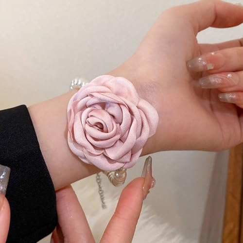 Vintage Imitation Pearl Bracelet with Rose Flower Charm Dainty Pearl Wrist Band Boho Rose Hand Accessories for Women Bridal Wedding Prom Festival - color: Pink