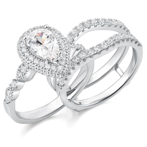 Newshe Jewellery Wedding Rings for Women Bridal Sets Sterling Silver Engagement Ring Enhancer Pear Cubic Zirconia Anniversary Promise Band Size - color: Cubic Zirconia-Silver