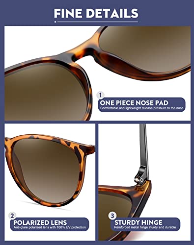 WOWSUN Retro Polarized Sunglasses Womens Trendy Round Classic Glasses - color: 3 Pack: Black+grey Lens Black Frame+brown Lens Leopard Frame