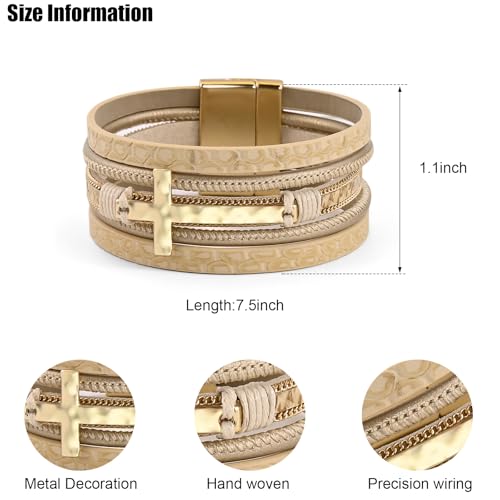 VIBILIA Boho Leather Wrap Bracelets for Women Men Multi-Layer Bracelets with Strong Clasp Western Jewelry - color: 06-Cross-Khaki